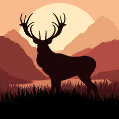 Deer in wild nature landscape illustration