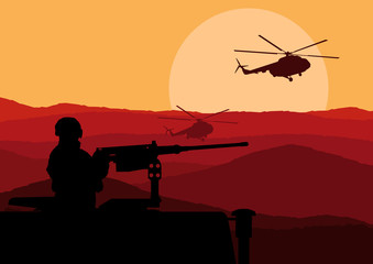 Fototapeta na wymiar Army soldier in desert skyscraper city landscape