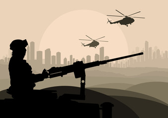 Fototapeta na wymiar Army soldier in desert skyscraper city landscape background