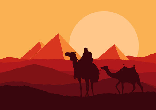 Camel caravan in wild Africa pyramids landscape