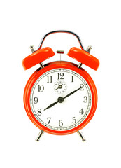 close up of a red bell clock (alarm clock) isolated on white bac