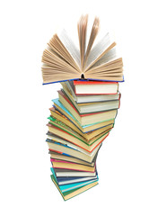 a large stack of books on white background
