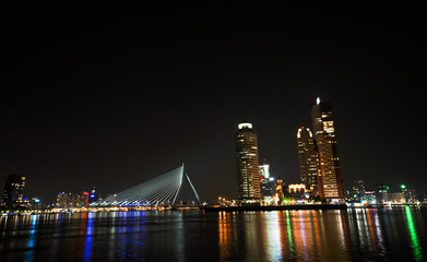 Rotterdam night view to Maas river and Erasmus bridge