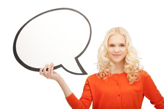 smiling businesswoman with blank text bubble