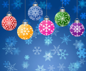 Hanging Ornaments on Blurred Snowflakes Background Horizontal