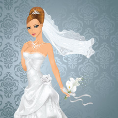 Beautiful bride with a bouquet on blue background.