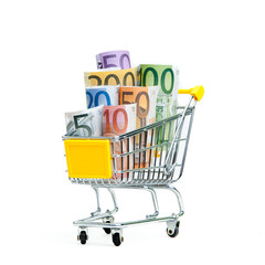 shopping cart with euro banknotes on white