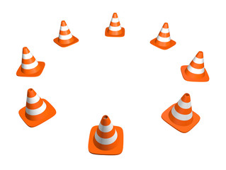 Traffic cones in wide cirlce. Isolated on white.