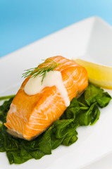 Salmon steak on spinach, decorated with lemon, dill and sauce