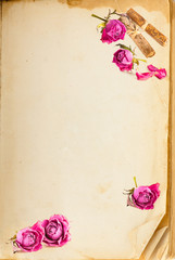 Old book page and vintage pink roses with space for your text