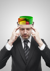 Open minded man with colorful 3d pie chart graph inside