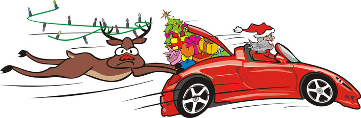 crazy santa in convertible and surprised reindeer - obrazy, fototapety, plakaty