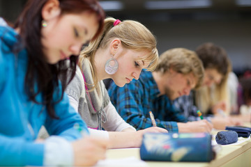 pretty, female college student sitting in a classroom