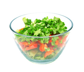 A bowl of salad with fresh lettuce, cucumber and tomato