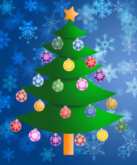Colorful Christmas Tree on Blurred Snowflakes Background