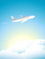 Fototapeta na wymiar potężny samolot latający nad chmury i słońce