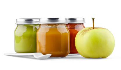 Baby food, apple and spoon