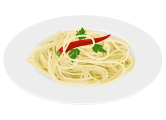 Spaghetti with chili on white background