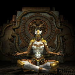 Frau in Rüstung beim Meditieren