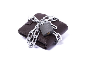 dark brown wallet with chain and padlock wrapped around the clos