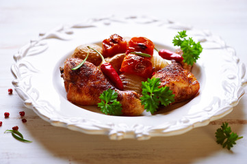Roasted chicken legs and vegetables on a plate