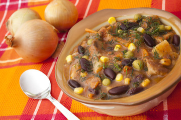 dish with beans and meat for dinner