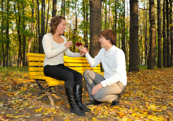 Boyfriend proposing marriage to girlfriend on the park