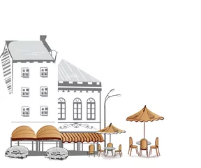 Fototapete Gezeichnetes Straßencafé Reihe von Straßencafés in Skizzen