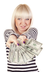 Beautiful smiling woman holding cash