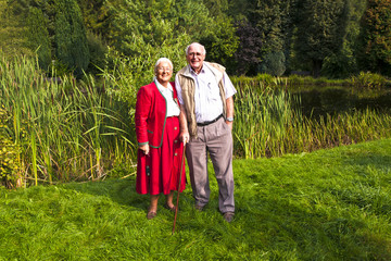 elderly couple standing hand in hand in their garden