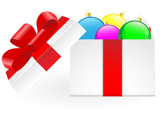 Open white gift box with christmas balls on white background