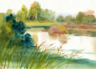 Watercolor Landscape Collection: Near the River - 36475781