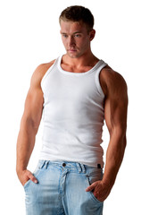 Muscle sexy young man posing in white vest