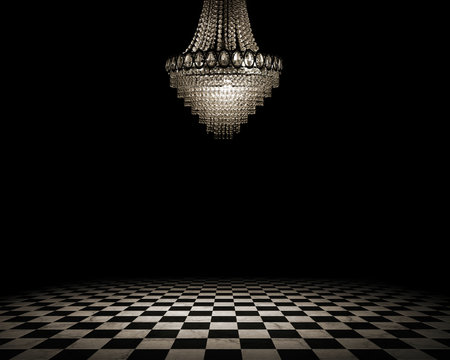 Grunge empty interior with checkered marble floor