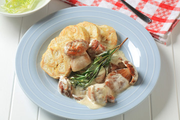 Porcini mushrooms in cream sauce and dumplings