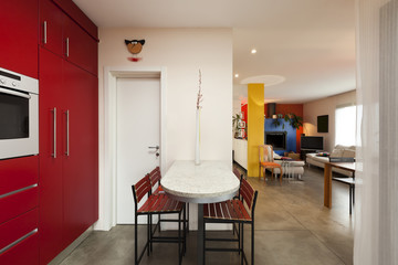 comfortable modern apartment,red kitchen
