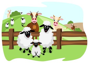 Obraz na płótnie Canvas uroczy Krowy brązowe i białe owce na pastwisku