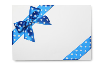 Blank card with blue ribbon bow