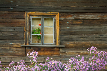 Old wooden house and flowers in window