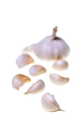 Garlic cloves with bulb and cloves as bokeh