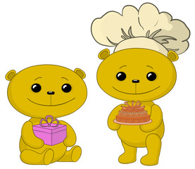 Teddy bears with cake and gift box