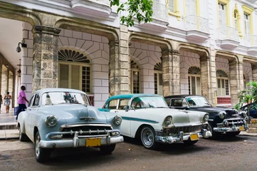 Printed roller blinds Cuban vintage cars Havana, Cuba. Street scene.