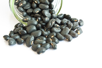 Black beans in a bottle on white background