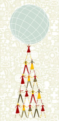 Social media Christmas tree of people holding the world