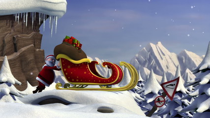 Cartoon Santa Claus using a ski jump to take off with his sleigh - Powered by Adobe