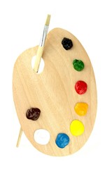Obraz premium Palet, paintbrush and colors on white background