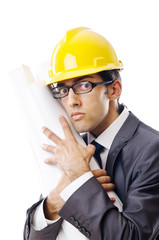 Young architect with drawings isolated on white