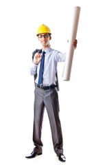 Young architect with drawings isolated on white