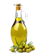 Crédence de cuisine en verre imprimé Olivier olives and a bottle of olive oil