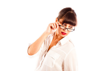 Young woman with tilting glasses with red lips
